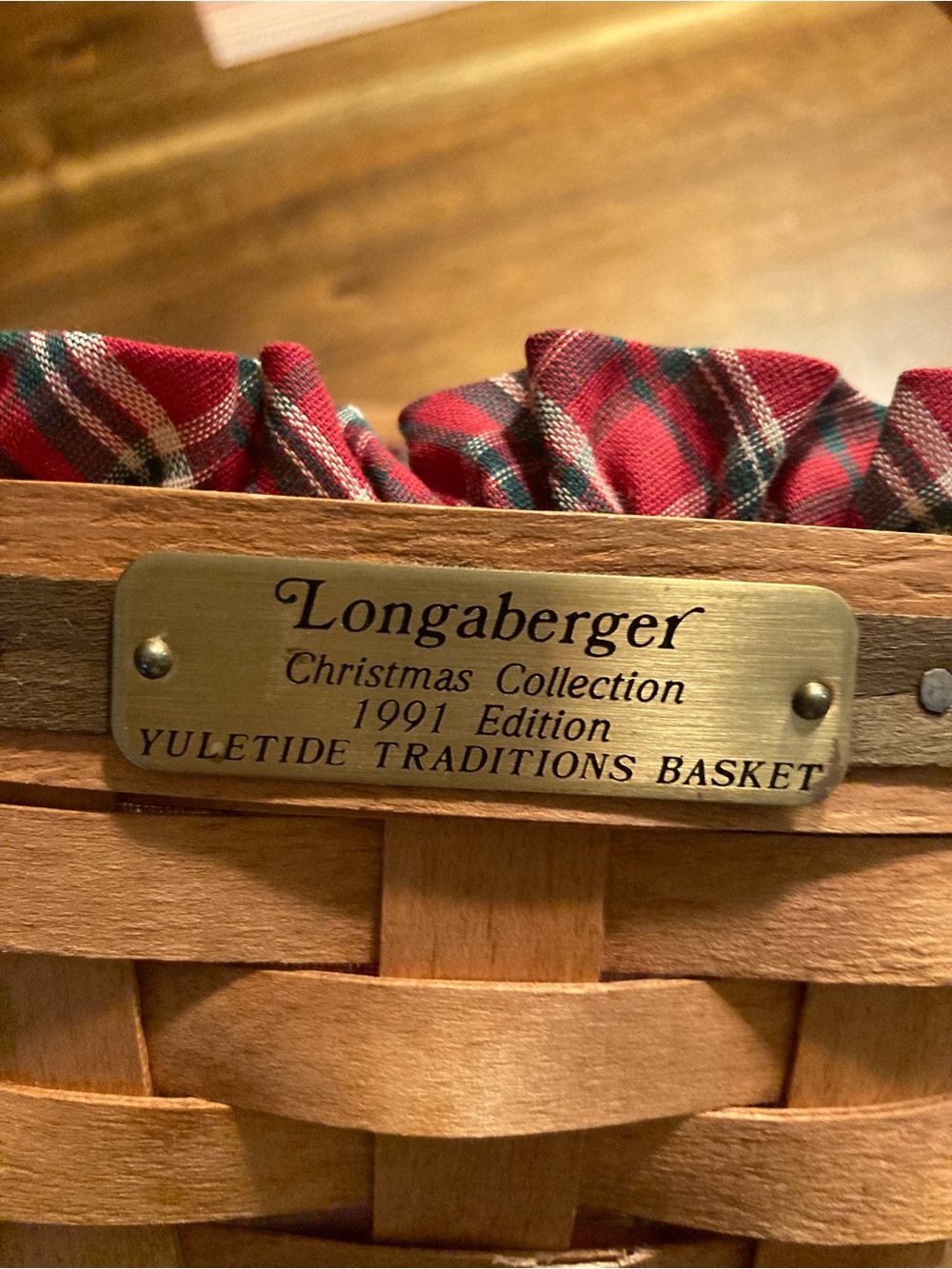 Longaberger Basket with Red Plaid Liner and Brass Nameplate
